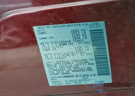 2013 Nissan Pathfinder S z USA, uszkodzony, nr VIN 5N1AR2MM6DC659610